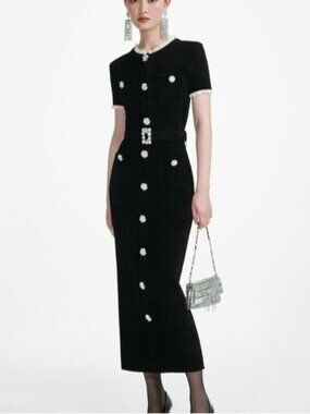 Self-Portrait Black Chenille Knit Midi Dress